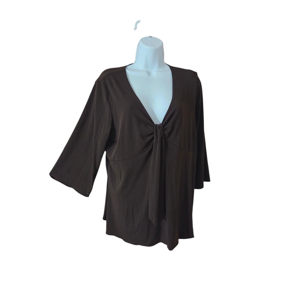 Vintage Chocolate Brown V-Neck 3/4-Sleeve Stretch Blouse W Tie Accent 1X